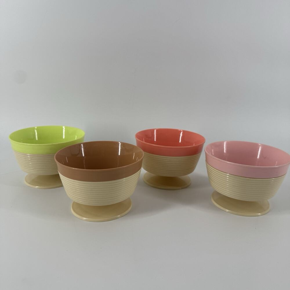MCM Raffiaware Thermo-Temp Pedestal Sherbet Ice Cream Bowls Pastels 4 Vtg